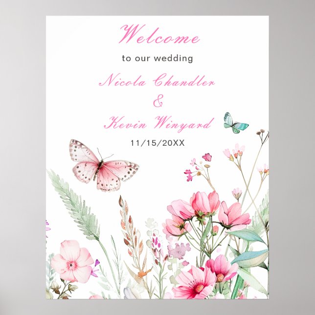 Póster Boda floral de mariposa rosada de primavera (Frente)