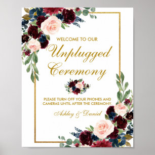 Póster Boda floral de oro azul borgoñés desenchufado