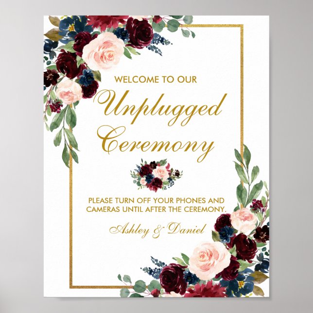 Póster Boda floral de oro azul borgoñés desenchufado (Frente)