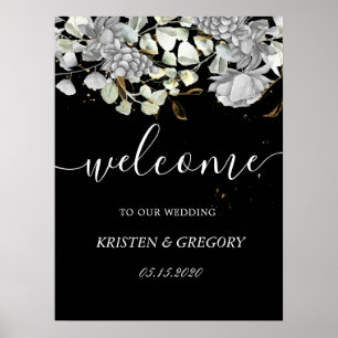 Póster boda floral de oro plateado dramático Bienvenida