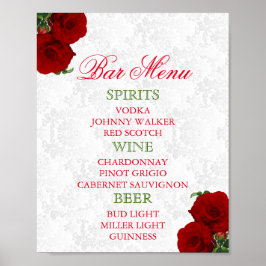 Póster Boda Floral de Rosa Roja Profunda - Menú Bar