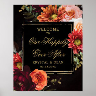Póster Boda floral naranja burdeos negro oscuro y sombrío