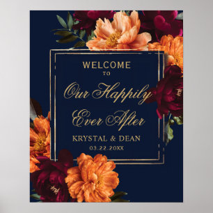 Póster Boda floral naranja quemada borgoña oscura y tempe