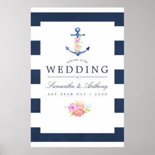 Póster Boda floral náutica con acuarela