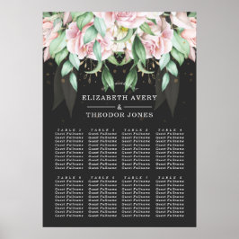 Póster Boda floral negro y rosa elegante