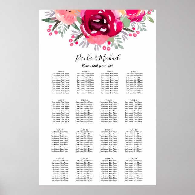 Póster Boda Floral Rosa 16 Tabla de asientos (Frente)