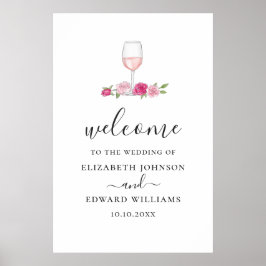 Póster Boda floral rosa. Bienvenida con rosas y vino con 