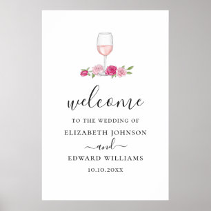 Póster Boda floral rosa. Bienvenida con rosas y vino con 