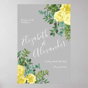Póster Boda floral Rosa de Peony amarillo claro y gris