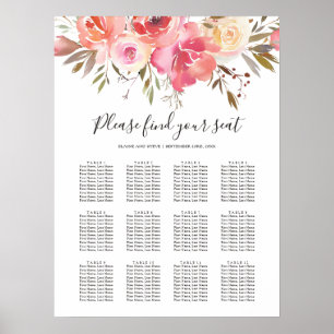 Póster Boda Floral Rosa Pastel 12 Tabla de asientos