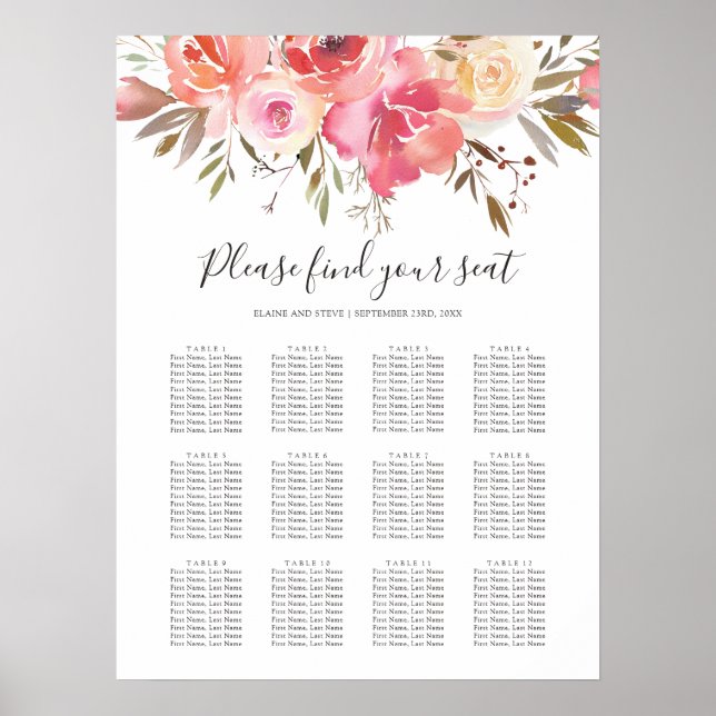 Póster Boda Floral Rosa Pastel 12 Tabla de asientos (Frente)