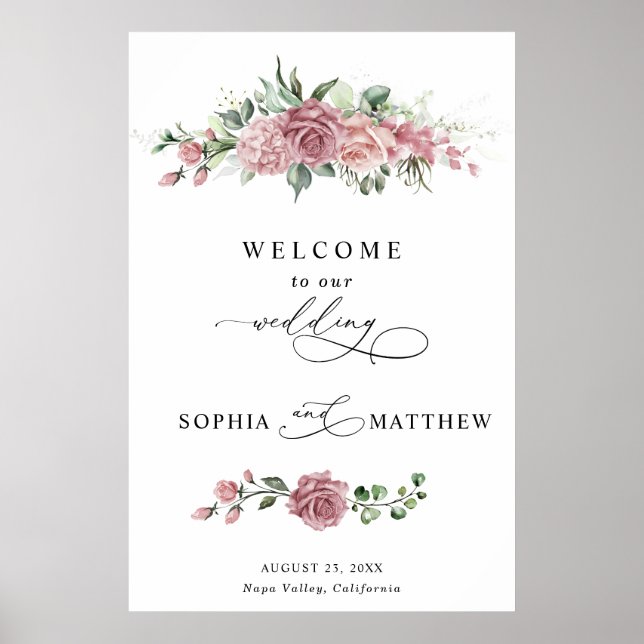 Póster Boda floral rosa polvoriento  (Frente)