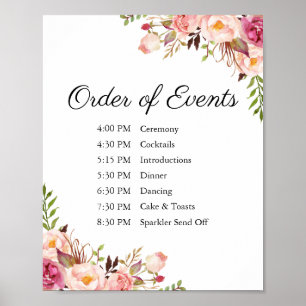Póster Boda floral rosa rustico orden de eventos Rótulo