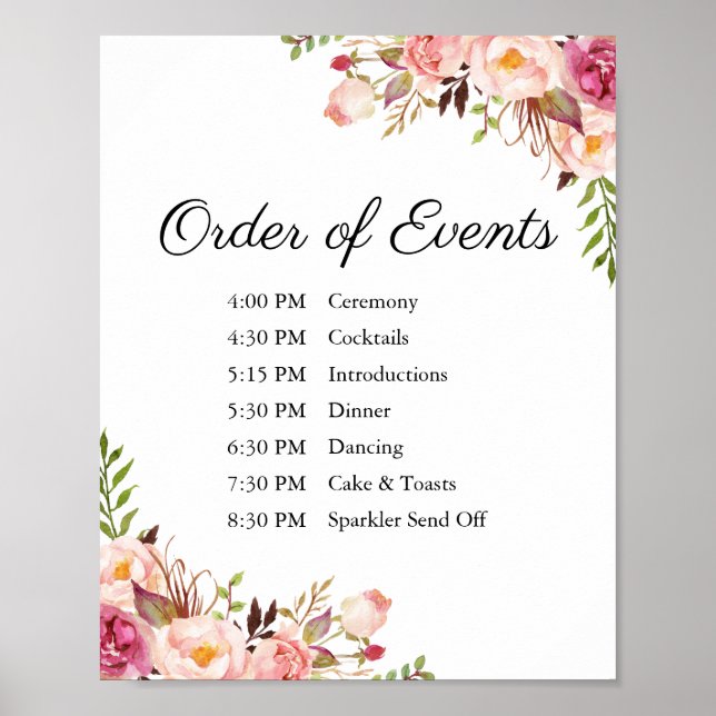Póster Boda floral rosa rustico orden de eventos Rótulo (Frente)