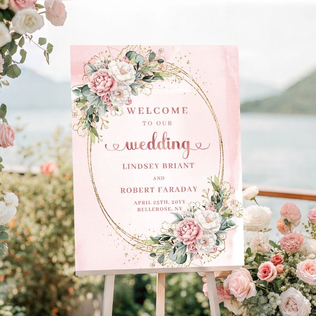 Póster Boda Floral Verde Rosa Dorado Boho Rosa Claro  (Light Pink Boho Rose Gold Floral Greenery Wedding Welcome)
