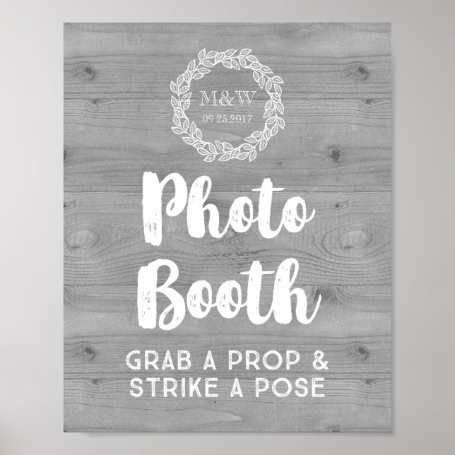 Póster Boda Foto Booth Rótulo Wreath Patrón de madera (Frente)