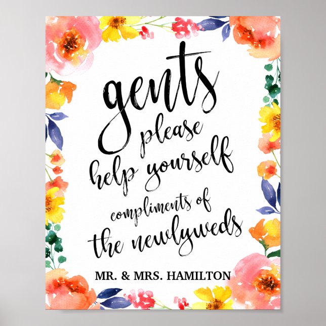 Póster Boda Gents Baño Cesta 8x10 Rótulo Floral (Frente)