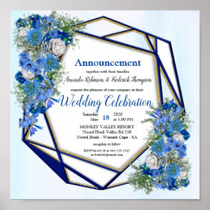 Póster Boda Geométrico De La Marina De Oro Y Flores Azule