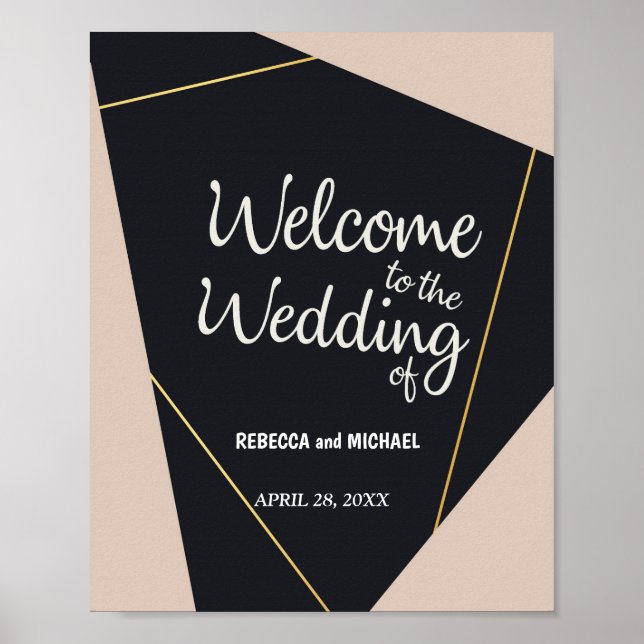 Póster Boda geométrico rosa negro y dorado (Frente)