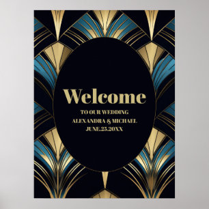 Póster Boda Glamoroso Azul y Oro Art Deco