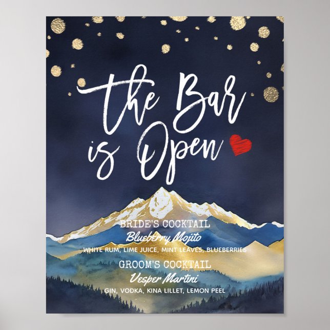 Póster Boda Golden Mountain El bar es un menú de bebidas  (Frente)