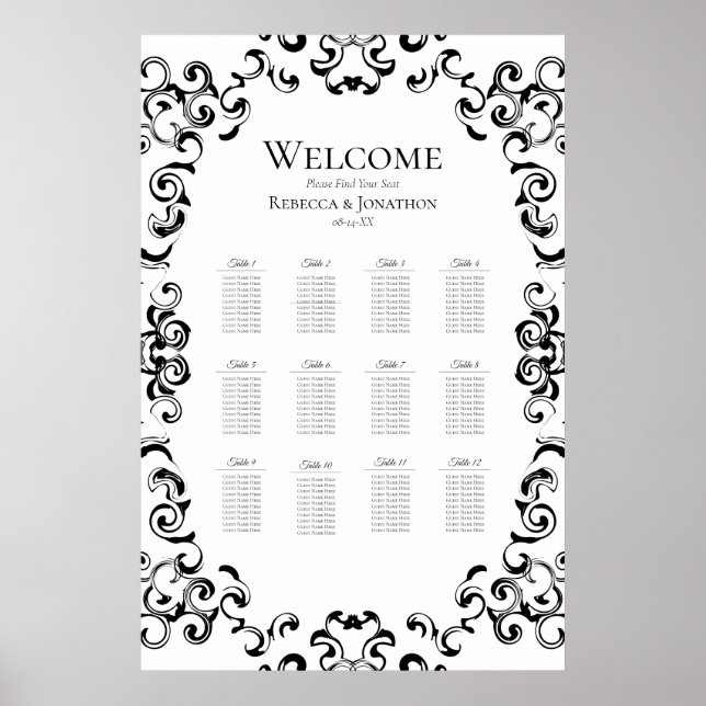 Póster Boda gótico de Swirl negro y blanco (Frente)