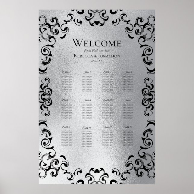 Póster Boda gótico Silver y Black Swirl (Frente)