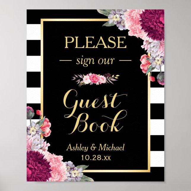 Póster Boda Guestbook Rótulo Burgundy Floral Stripes (Frente)