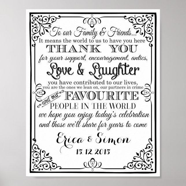 Póster Boda imprimir "Gracias" tablero de anuncios (Frente)