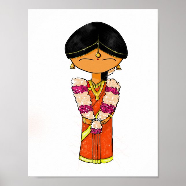 Póster Boda india novia floral Garland Naranja Saree (Frente)