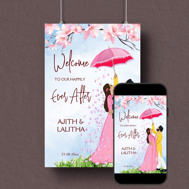 Póster Boda indio: pareja de señores de bienvenida con pa (Indian wedding welcome sign poster instant download romantic sikh couple umbrella falling petals )