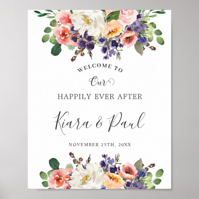 Póster Boda marfileño Rubor Purple Peach Floral Greeneren (Frente)