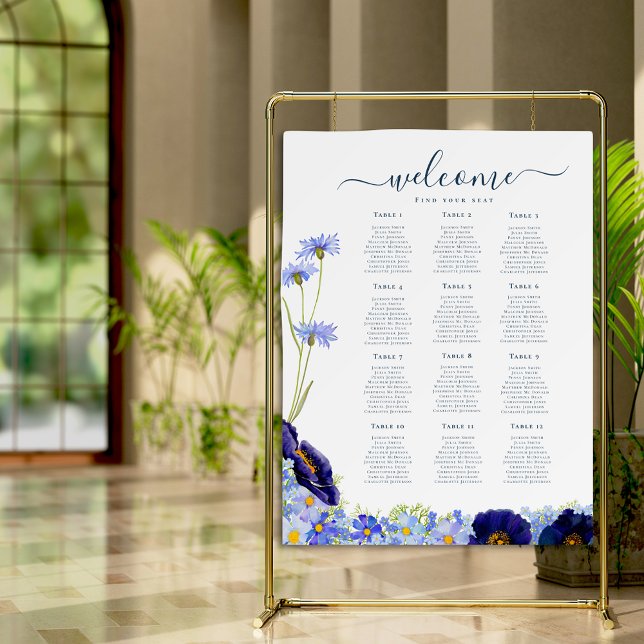 Póster Boda Moderna de Flor Silvestre Azul (Elegant wildflower blue floral wedding 12 table seating plan welcome)