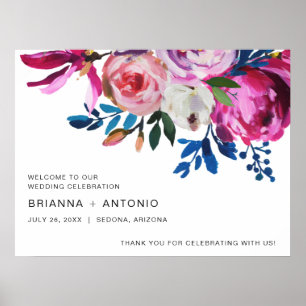 Póster Boda moderno de floración rosa brillante Verde azu