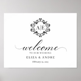 Póster Boda Monograma de Escudo blanco y negro antiguo