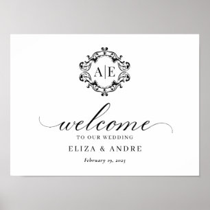 Póster Boda Monograma de Escudo blanco y negro antiguo