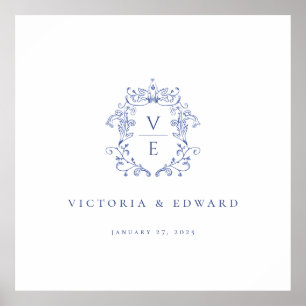 Póster Boda Monograma de Regency Blue Escudo
