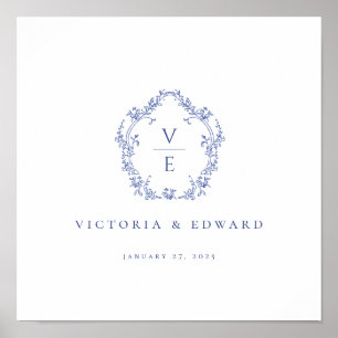 Póster Boda Monograma de Regency Blue Ornate Escudo