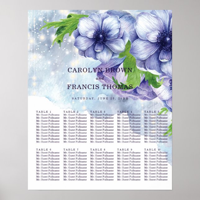 Póster Boda morado de anémona floral | Cartas de asiento (Frente)