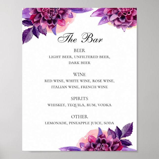 Póster Boda morado de  de bebidas alcohólicas menú bar (Frente)