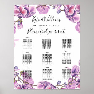 Póster boda morado floral Plano de mesa fiesta/boda
