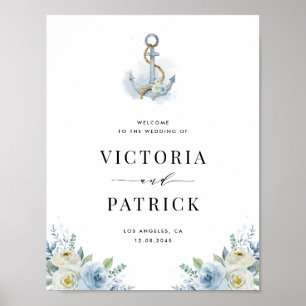 Póster Boda náutica de ancla floral azul acuarela