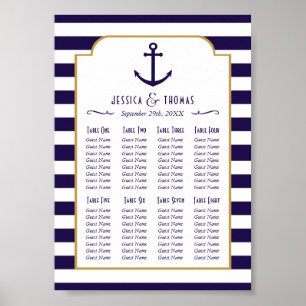 Póster Boda náutica de azul marino y ancla con franja bla