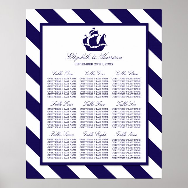 Póster Boda Nautical Stripes & Navy Blue Ship (Frente)