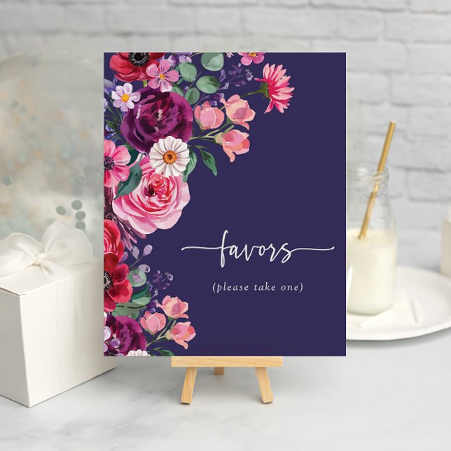 Póster Boda Navy Floral Favores (Navy Blue Floral Favors Wedding Poster by Painted Paperie
)