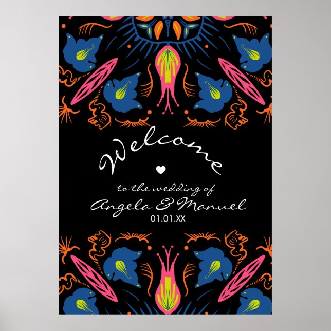 Póster Boda Negra Floral de Elefante Indio (Frente)
