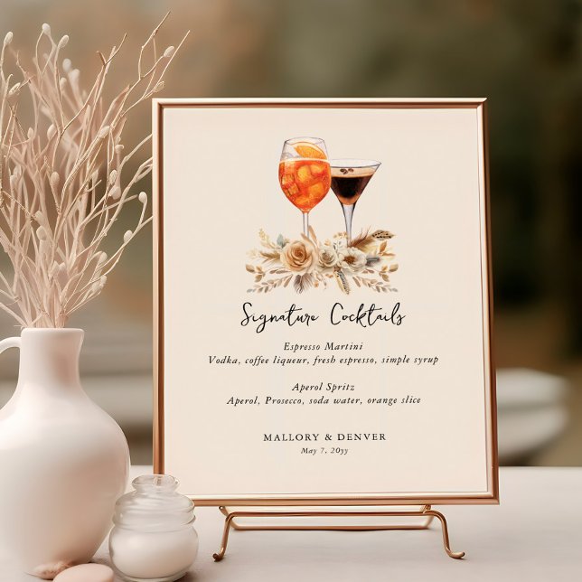 Póster Boda neutral de cócteles y flores (Signature Cocktails poster from the Romantic Wedding Signs collection by Darling & May)