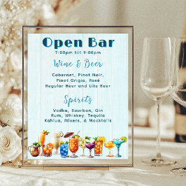 Póster Boda Open Bar Cocktails List Blue Wood