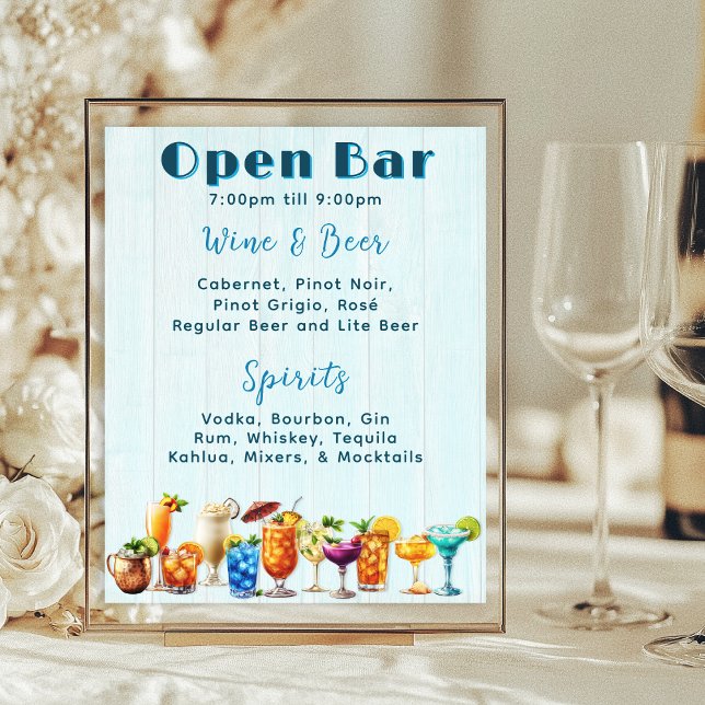 Póster Boda Open Bar Cocktails List Blue Wood (Subido por el creador)