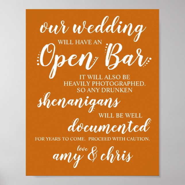 Póster Boda Open Bar Funny Borracho Shenanigans Rótulo W (Frente)